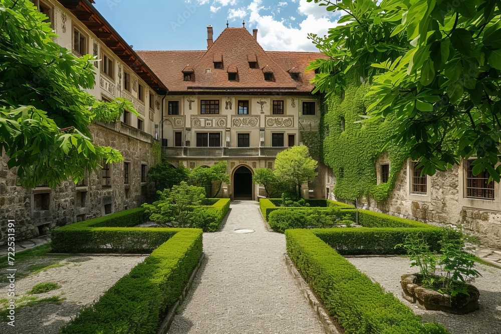 Grand castle courtyard with historical architecture and gardens