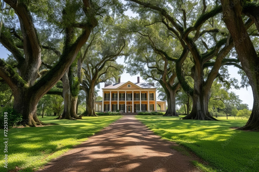 Grand southern plantation with antebellum architecture and oak alleys