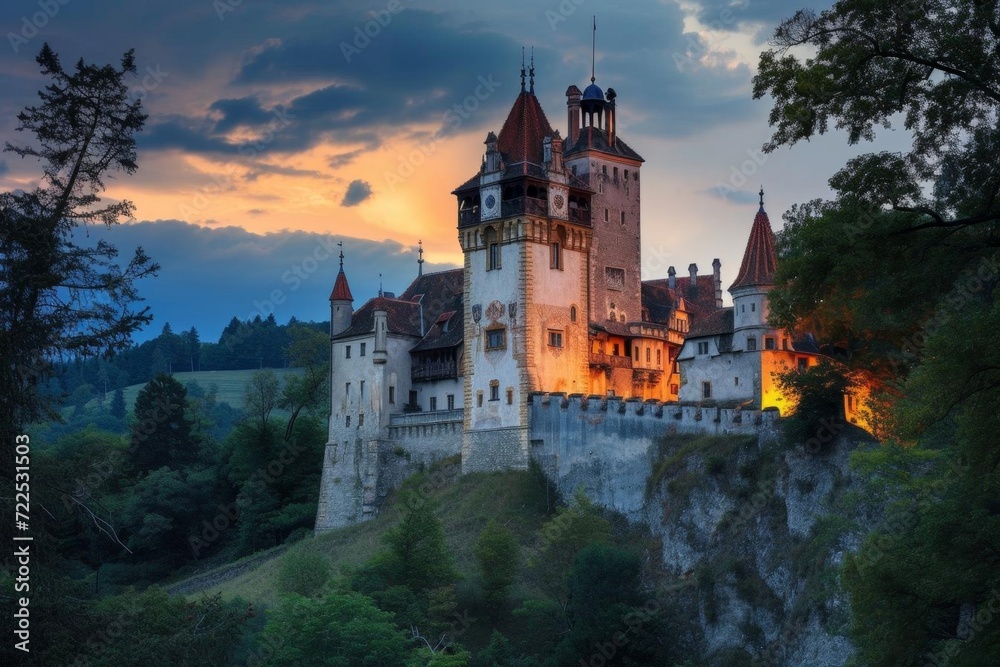 Historic european castle at twilight with dramatic skyline