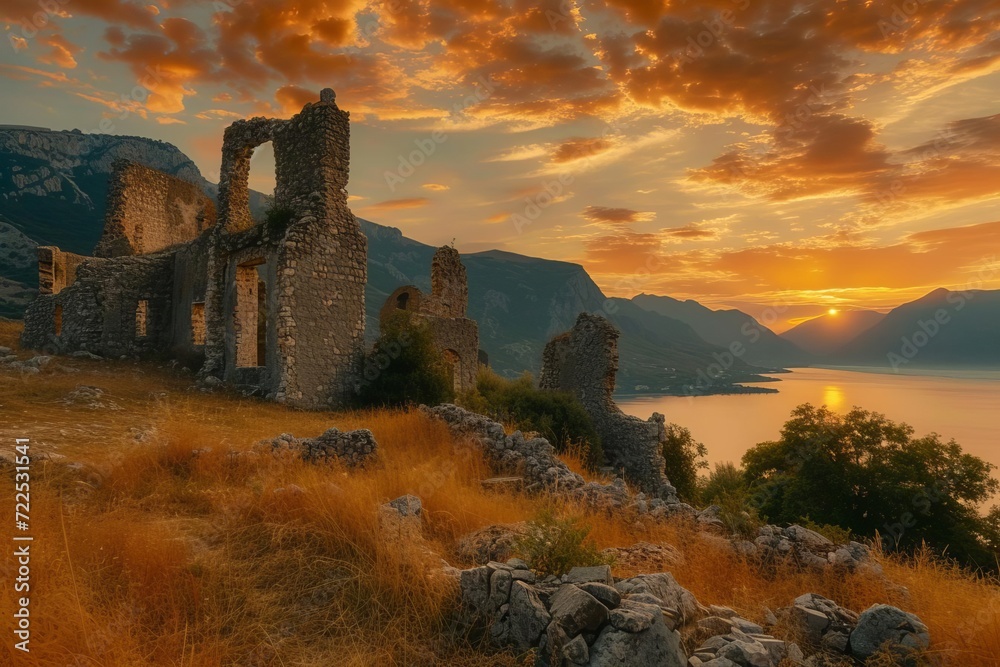 Majestic castle ruins at sunset with dramatic landscape and historic tales