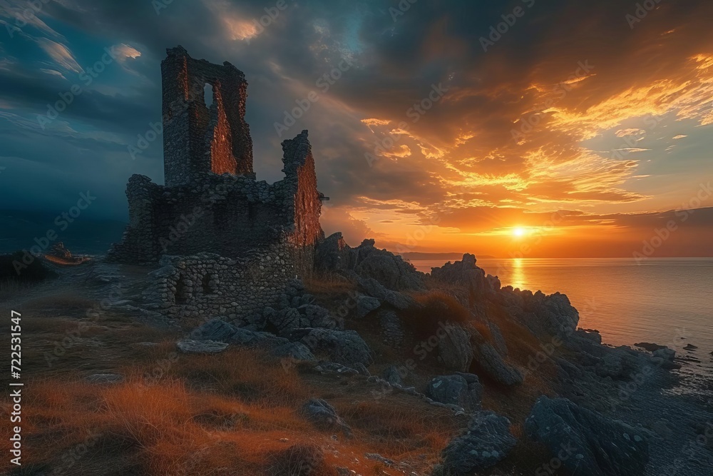 Majestic castle ruins at sunset with dramatic landscape and historic tales