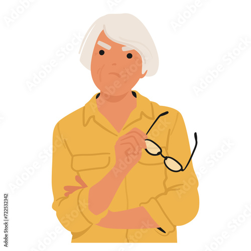 Offended Elderly Woman Character Scowled, Her Furrowed Brows Expressing Displeasure. Disdain Lingered In Her Eyes
