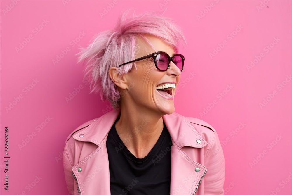 Close up portrait of a happy young woman with pink hair and sunglasses over pink background