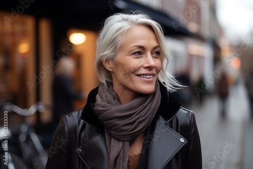 Portrait of a beautiful middle aged woman smiling in the city street