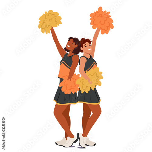 Two Vivacious Cheerleader Girls In Vibrant Uniforms, Radiate Energy With Sparkling Smiles. Their Synchronized Moves