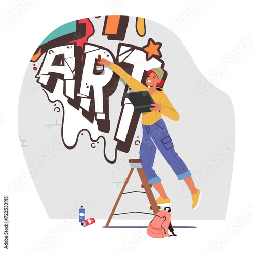 Graffiti Artist Girl Skillfully Layers Vibrant Colors And Intricate Designs Upon A Blank Wall, Vector Illustration