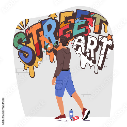 Graffiti Artist Boy Armed With Vibrant Spray Cans, Creates Masterpiece On A Blank Urban Wall Using Bold, Dynamic Strokes