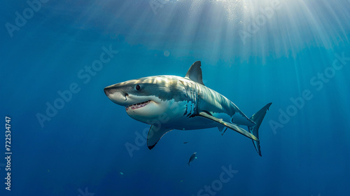 Great white shark with its main four fings swimming under sun rays in the blue sea. Generative Ai © We3 Animal
