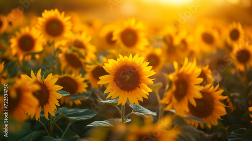 Wide field of sunflowers in summer sunset  panorama blur background. Autumn or summer sunflowers background. Shallow depth of field.