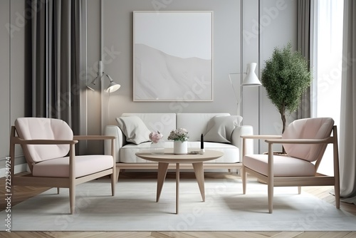 Scandinavian living room interior in light colors with two armchairs, gray sofa, pillows, coffee table, dired flowers in vase, mock up poster. House apartment design in a minimalist style