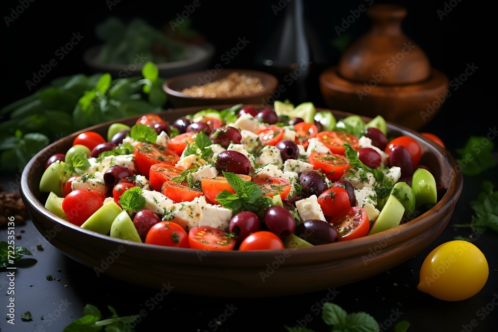 Fresh Greek salad with feta cheese, vegetables,.lettuce, cherry tomatoes, olives and onion in a plate on a dark background