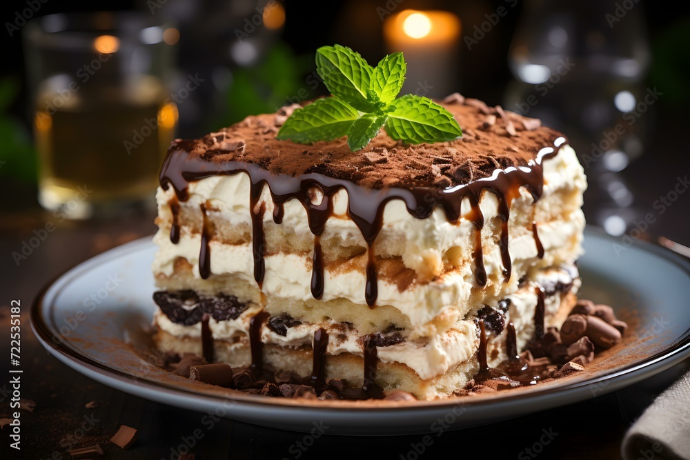 Tiramisu cake on a plate. Italian dessert on a dark background Tiramisu cake on a plate. Italian dessert on a dark background