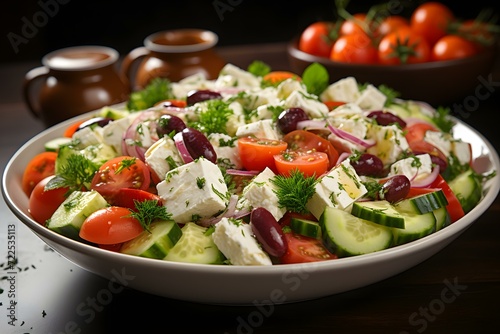 Fresh Greek salad with feta cheese, vegetables,.lettuce, cherry tomatoes, olives and onion in a plate on a dark background