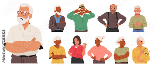 Offended Elderly People Display Signs Of Upset Or Frustration Through Crossed Arms, Furrowed Brows And Stern Expressions