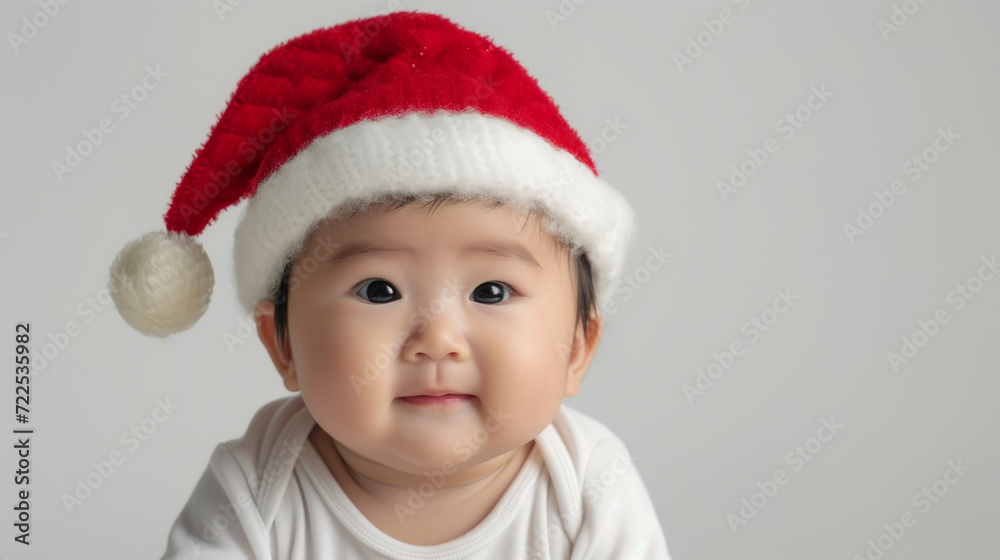 Portrait of an asian baby with a christmas hat on white studio background Portrait of an asian baby with a christmas hat on white studio background