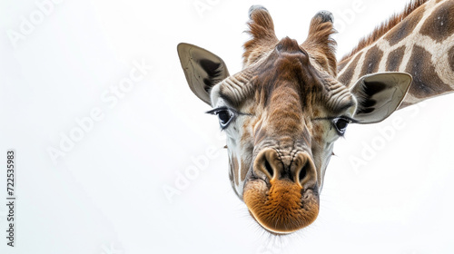 Giraffe with long head look upside down on white Giraffe face head hanging upside down Generative Ai photo