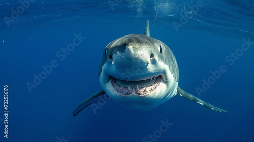 Great white shark close up smiling and swimming front in the blue sea. Generative Ai