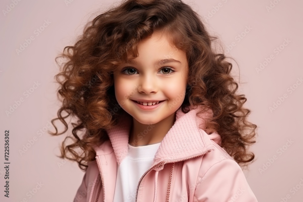 Portrait of a cute little girl with curly hair over pink background Portrait of a cute little girl with curly hair over pink background