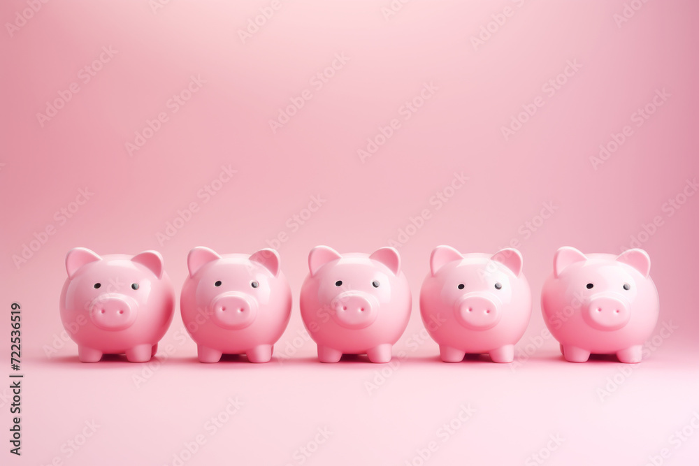Group of Five Pink Piggybank on Pink Background. Saving Money Concept, Copy Space. Group of Five Pink Piggybank on Pink Background. Saving Money Concept, Copy Space.