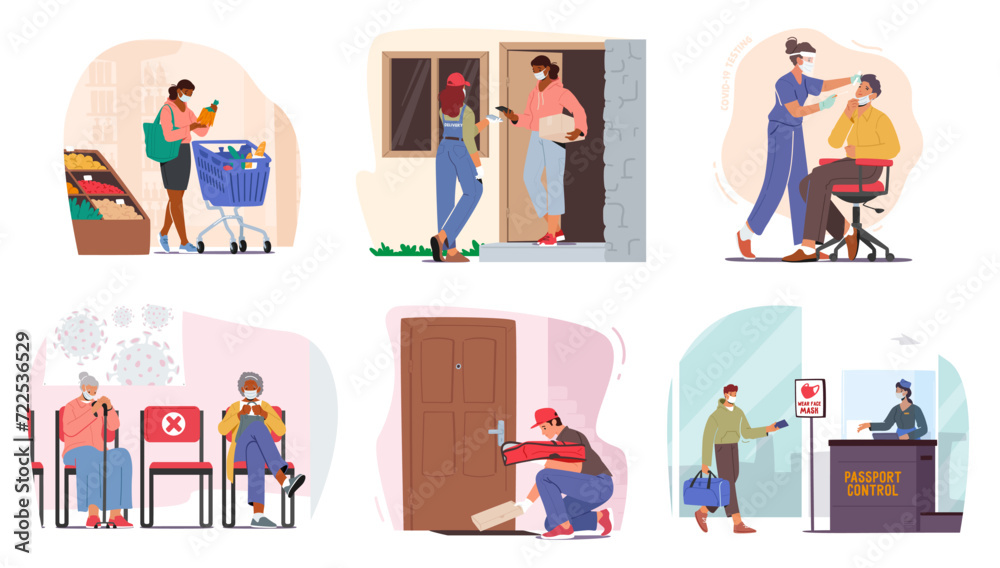 Vector Set of People Characters Don Protective Masks, Covering Their Noses And Mouths, A Common Sight In Public Spaces Vector Set of People Characters Don Protective Masks, Covering Their Noses And Mouths, A Common Sight In Public Spaces