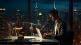 Businessman working late in a modern office, surrounded by city lights, focused on a laptop