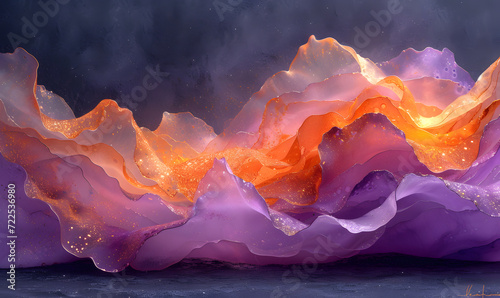 purple, pink, orange and gold textures waves with light, abstract fluid art, ink painting 