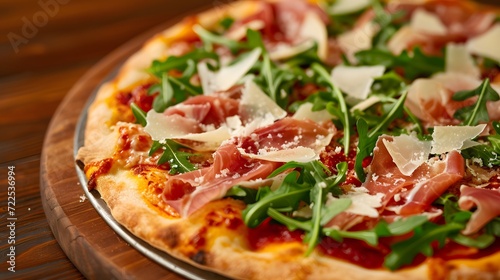 prosciutto and arugula pizza with a blistered crust, tangy tomato sauce, delicate slices of prosciutto, peppery arugula leaves, and shavings of Parmigiano-Reggiano cheese