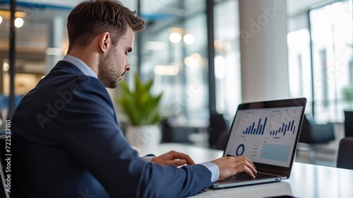 A man in a suit, sitting at a desk on his laptop. The laptop screen has charts on the screen. 