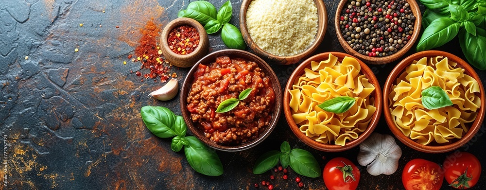 Food background. Italian food background with pasta, ravioli, tomatoes, olives and basil