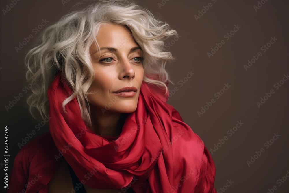 Portrait of a beautiful blonde woman in a red silk scarf. Portrait of a beautiful blonde woman in a red silk scarf.