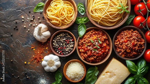 Food background. Italian food background with pasta  ravioli  tomatoes  olives and basil