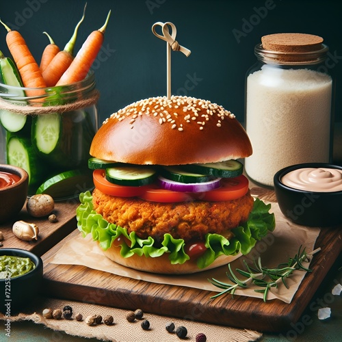 A gourmet vegetarian burger with a plant-based patty and fresh veggies