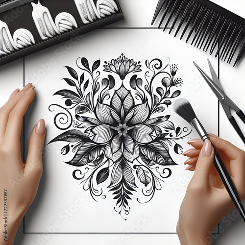 A drawn logo with stylized floral elements