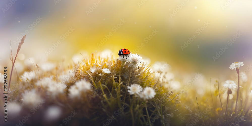 Ladybug on thorn flower close-up, wide-format background with copy space