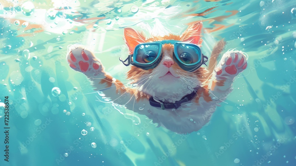 cartoon of a cat wearing swimming googles, swimming under water  