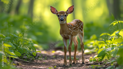 White Tailed deer fawn standing on a trail in middle of forest photo