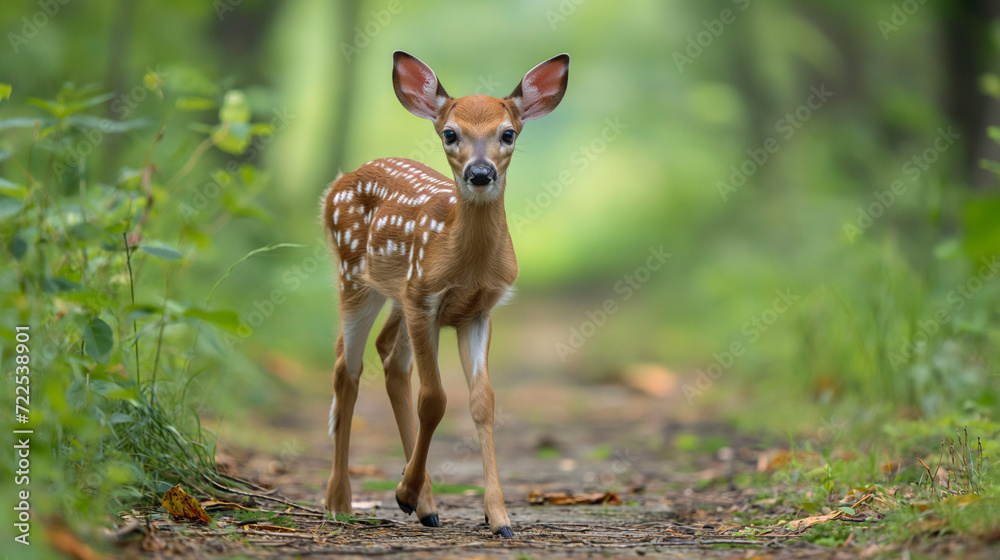 White Tailed deer fawn standing on a trail in middle of forest White Tailed deer fawn standing on a trail in middle of forest
