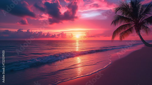 Beautiful sunset tropical beach with palm tree and pink sky for travel and vacation in holiday relax time © Super Stocks