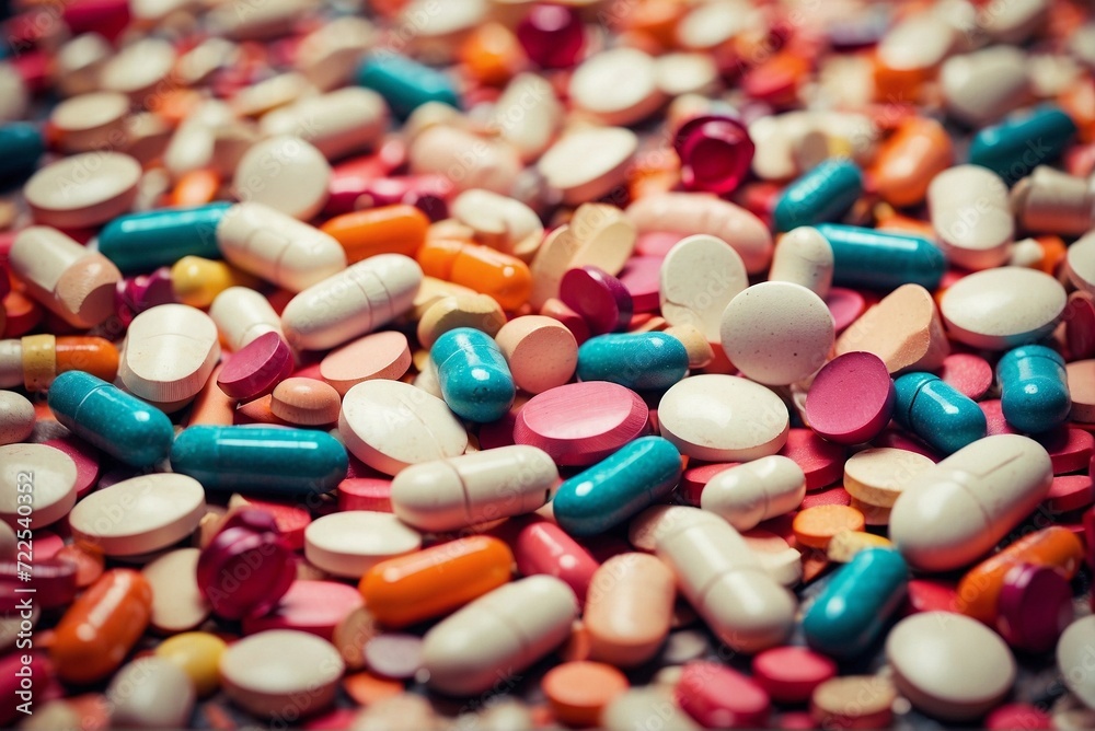 Background with many different pills. Colorful medicine pills and supplement capsules background