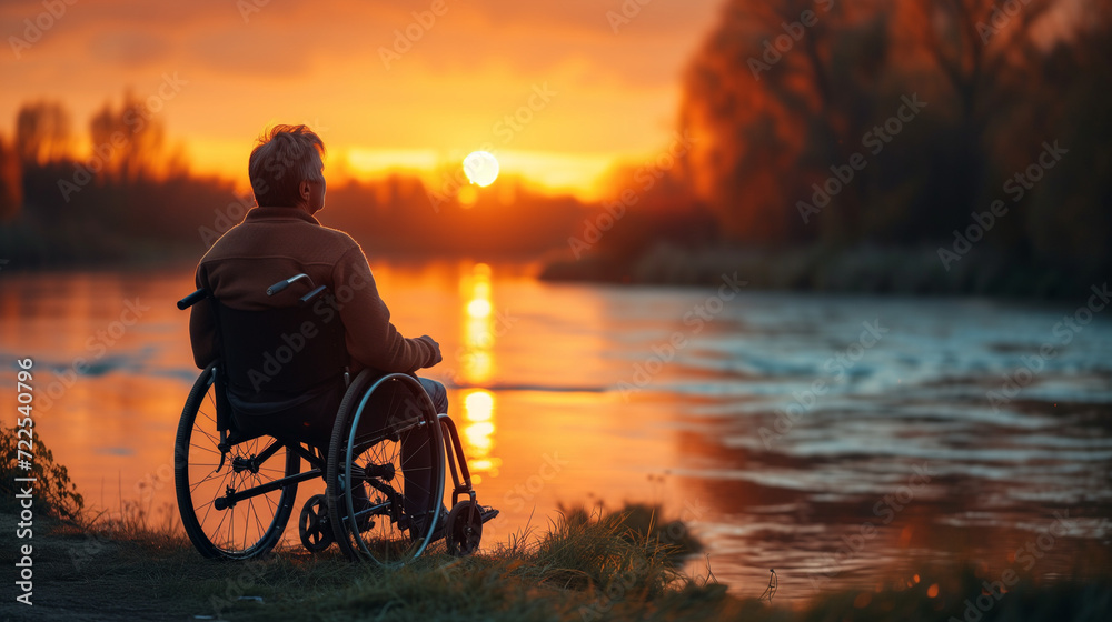 a disabled man in a wheelchair gazes into the horizon at sunset, embodying resilience and hope
