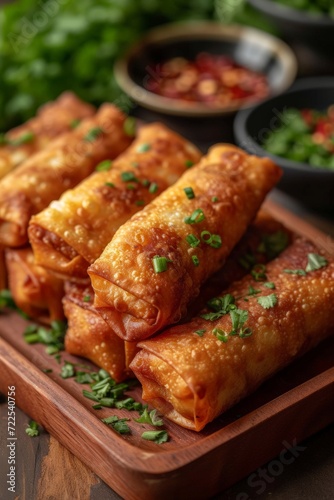 eggrolls on wooden board with sauce in background