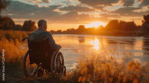 a disabled man in a wheelchair gazes into the horizon at sunset, embodying resilience and hope photo