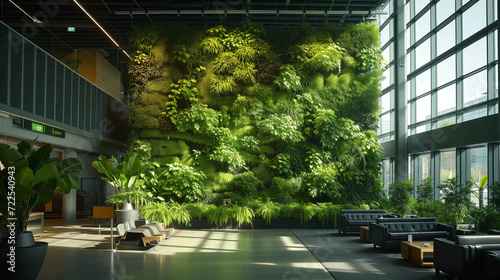 Green living wall with perennial plants in modern office. Urban gardening landscaping interior design