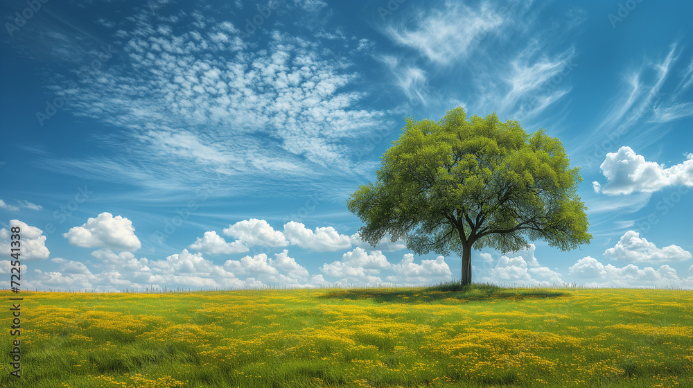 Fototapeta premium single big oak tree in field with perfect treetop
