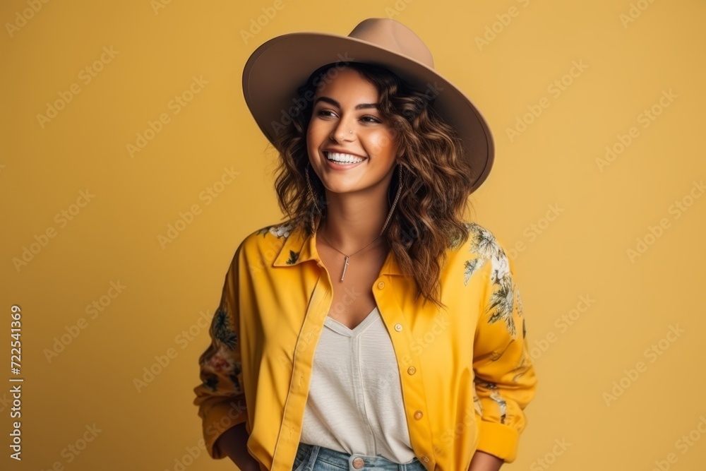 Portrait of smiling young woman in yellow jacket and hat over yellow background Portrait of smiling young woman in yellow jacket and hat over yellow background