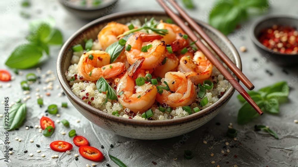 Hawaiian poke bowl with shrimp, quinoa, avocado, cucumber and greens on a light concrete background