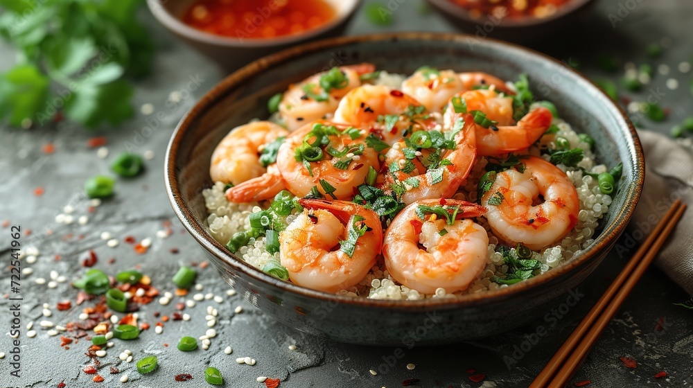 Hawaiian poke bowl with shrimp, quinoa, avocado, cucumber and greens on a dark concrete background Hawaiian poke bowl with shrimp, quinoa, avocado, cucumber and greens on a dark concrete background