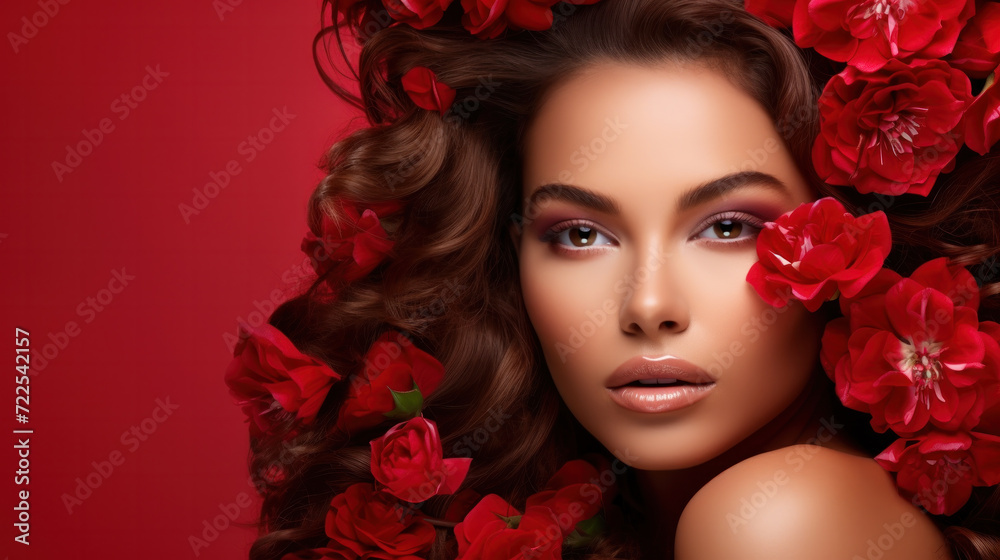Beauty Fashion Model Girl Portrait with Red Roses Hairstyle. Red Lips and Nails. Beautiful Luxury Makeup and Hair and Manicure Vogue Style