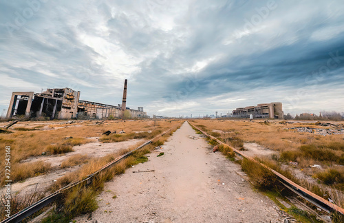 Abandoned factories on a road to a dystopian future