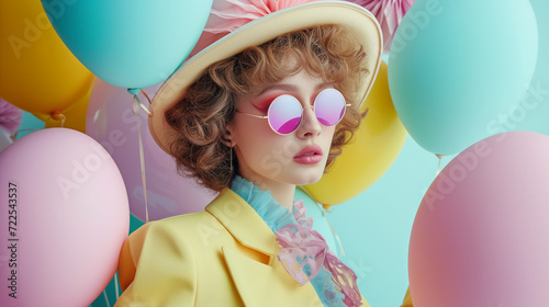 Woman surrounded by balloons in pastel tones, a dreamy and chic image suitable for fashion and lifestyle campaigns or celebratory event invitations.